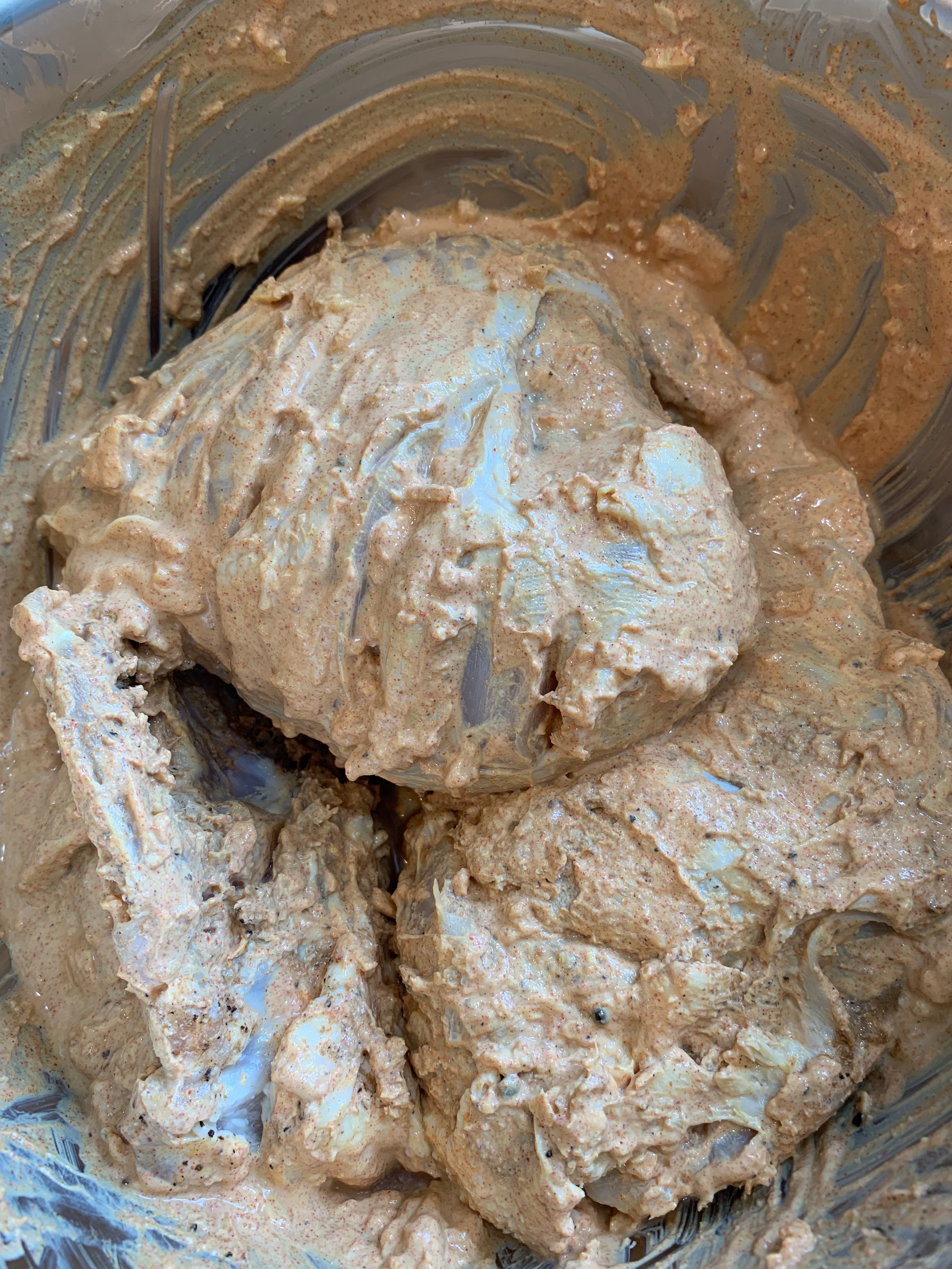 Chicken pieces coated in spiced yogurt marinade