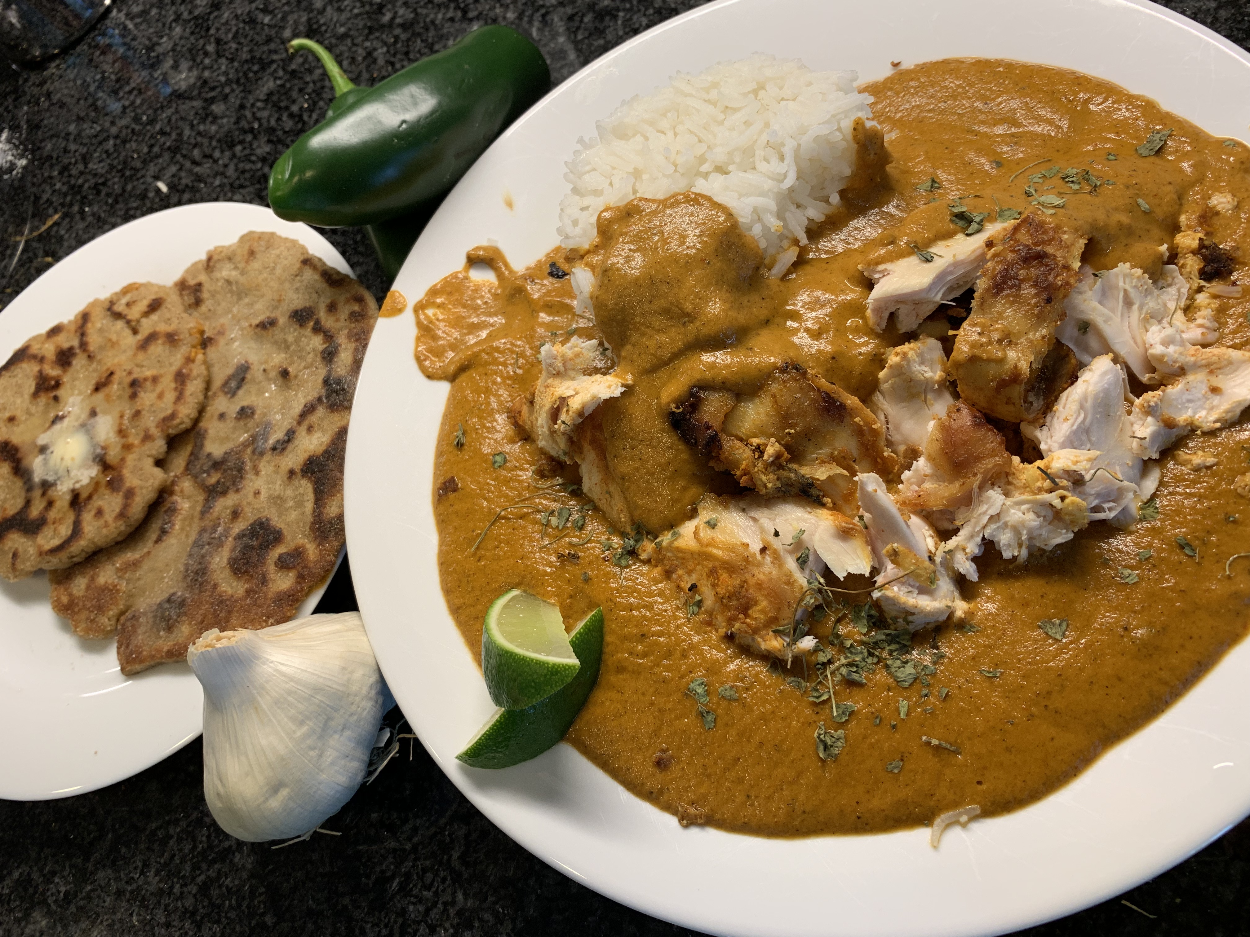 Butter Chicken with rice and flatbread